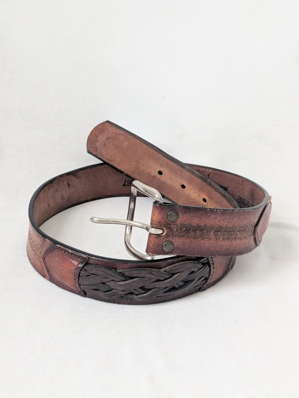 Vintage Leegin USA Full Grain Leather Western Tooled Floral Braided Belt Sz 30